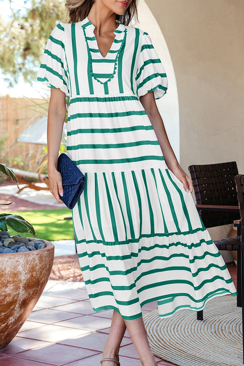 Southern Belle Striped Ricrac Trim Puff Sleeve Midi Dress
