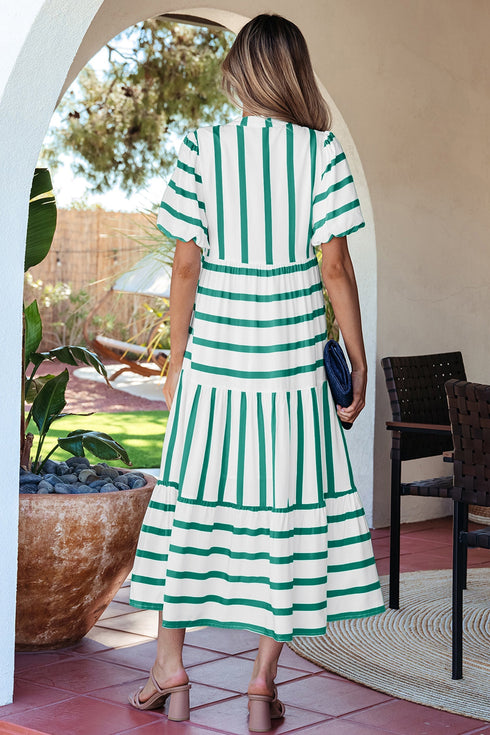 Southern Belle Striped Ricrac Trim Puff Sleeve Midi Dress