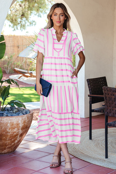 Southern Belle Striped Ricrac Trim Puff Sleeve Midi Dress