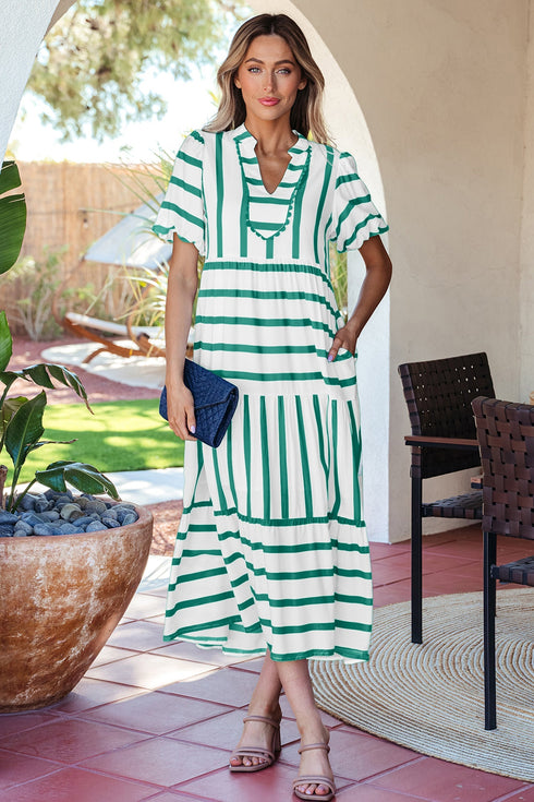 Southern Belle Striped Ricrac Trim Puff Sleeve Midi Dress