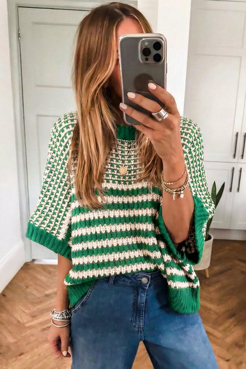 Southern Belle Striped Slouchy Knit Short Sleeve Sweater