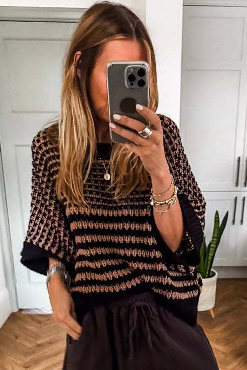 Southern Belle Striped Slouchy Knit Short Sleeve Sweater