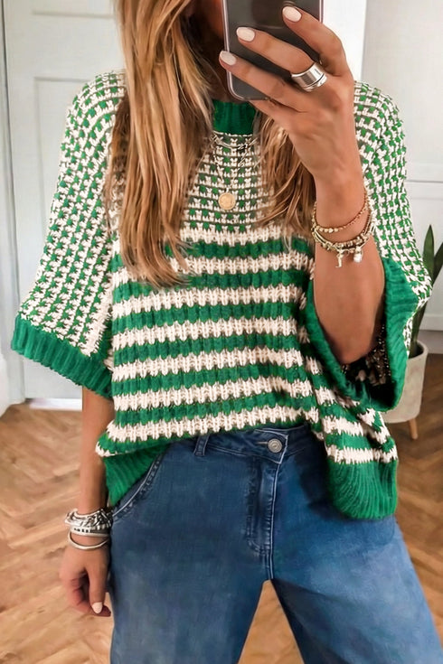 Southern Belle Striped Slouchy Knit Short Sleeve Sweater