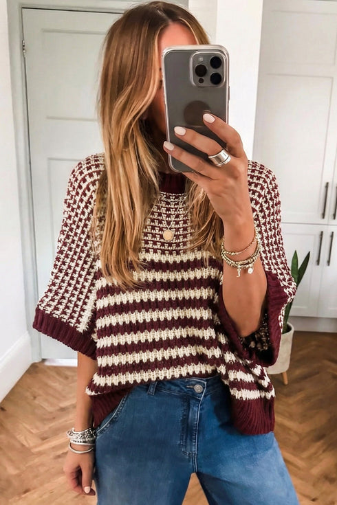 Southern Belle Striped Slouchy Knit Short Sleeve Sweater