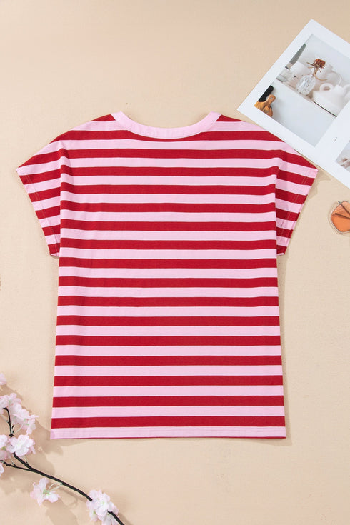 Southern Belle Striped Split V Neck T Shirt