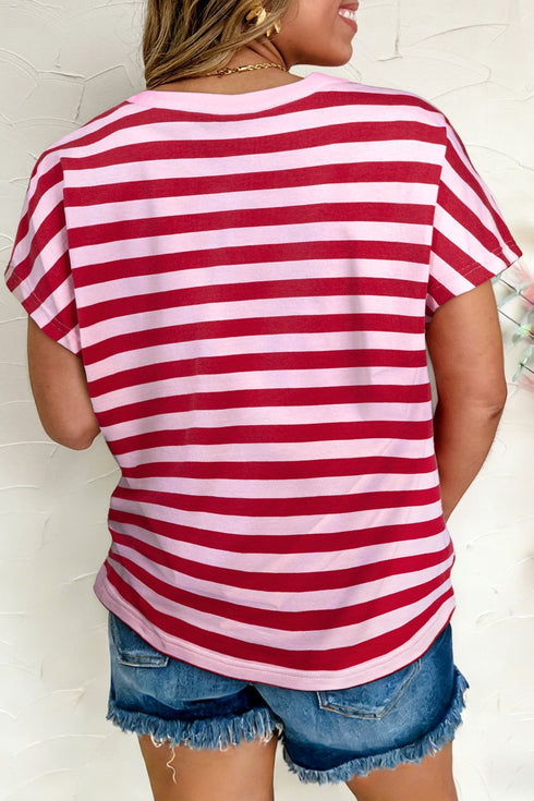 Southern Belle Striped Split V Neck T Shirt