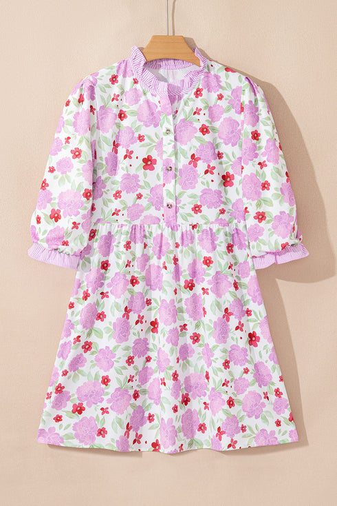 Southern Belle Striped Trim Frilled Neck Mini Floral Dress