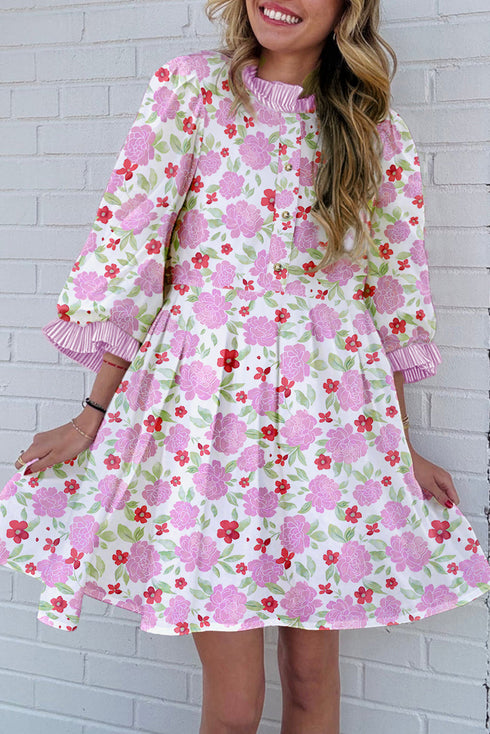 Southern Belle Striped Trim Frilled Neck Mini Floral Dress
