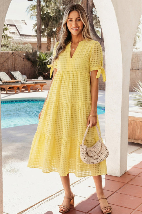 Southern Belle Textured Bow Tie Tiered Midi Dress