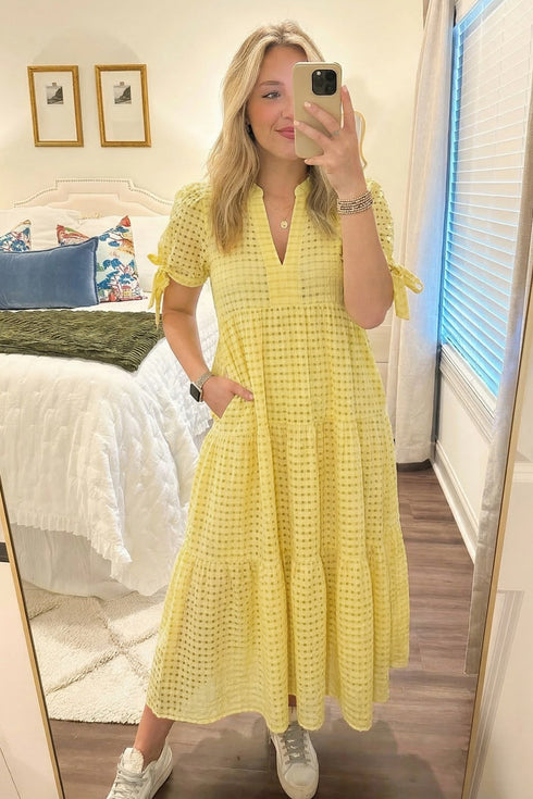 Southern Belle Textured Bow Tie Tiered Midi Dress