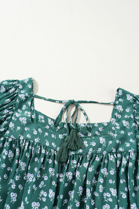 Southern Belle Textured Floral Print Square Neck Ruffled Blouse
