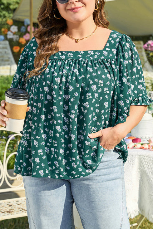 Southern Belle Textured Floral Print Square Neck Ruffled Blouse