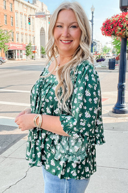 Southern Belle Textured Floral Print Square Neck Ruffled Blouse