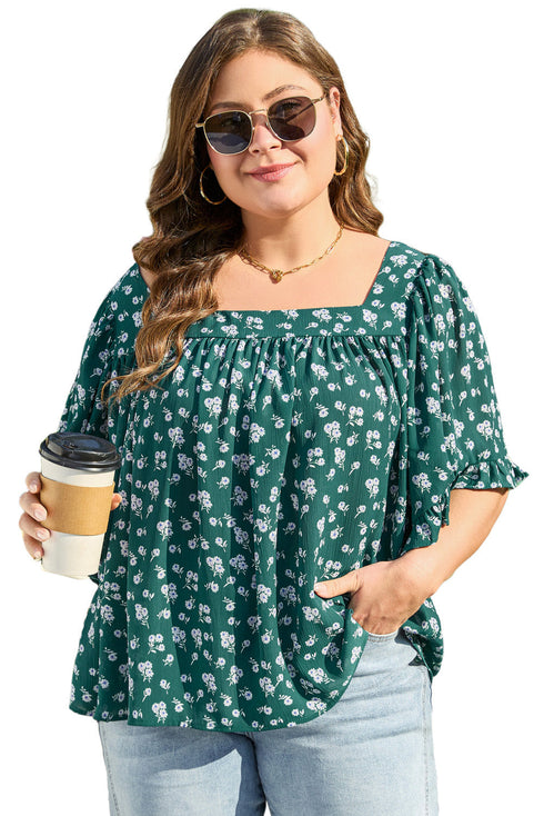 Southern Belle Textured Floral Print Square Neck Ruffled Blouse