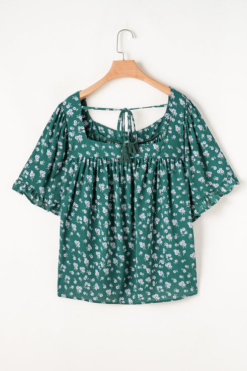 Southern Belle Textured Floral Print Square Neck Ruffled Blouse