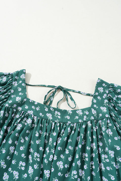 Southern Belle Textured Floral Print Square Neck Ruffled Blouse