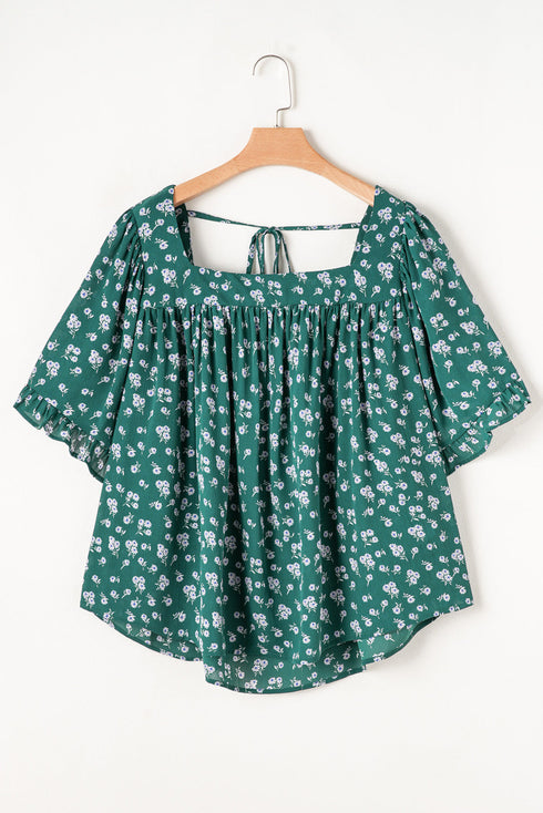 Southern Belle Textured Floral Print Square Neck Ruffled Blouse