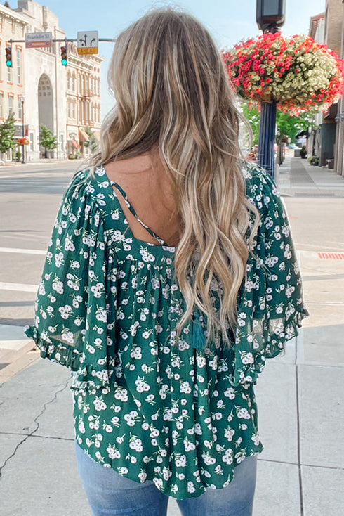 Southern Belle Textured Floral Print Square Neck Ruffled Blouse