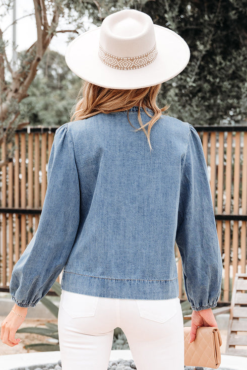 Southern Belle Tie Front Puff Sleeve Denim Blouse