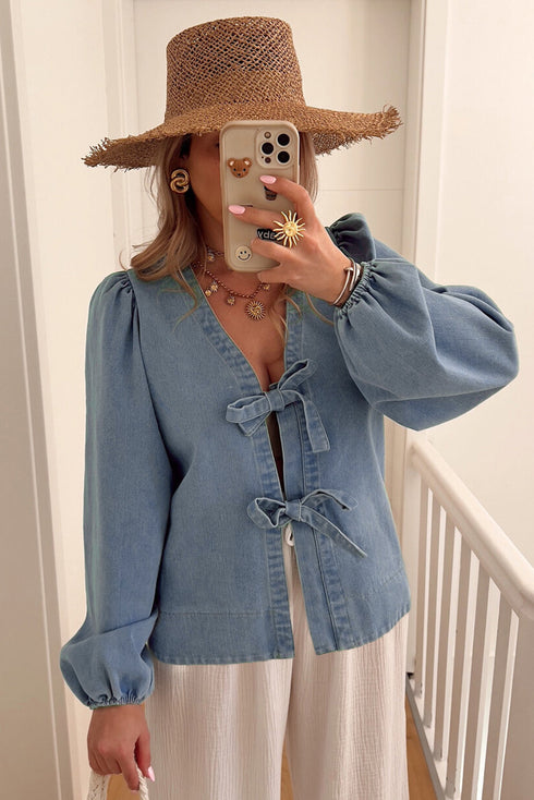 Southern Belle Tie Front Puff Sleeve Denim Blouse