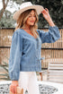 Southern Belle Tie Front Puff Sleeve Denim Blouse