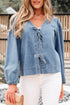 Southern Belle Tie Front Puff Sleeve Denim Blouse