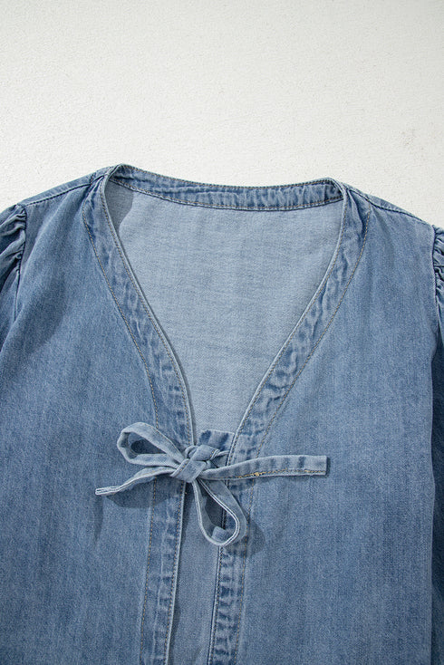 Southern Belle Tie Front Puff Sleeve Denim Blouse