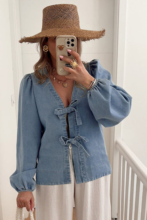 Southern Belle Tie Front Puff Sleeve Denim Blouse