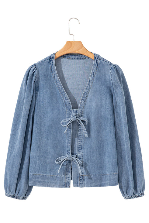 Southern Belle Tie Front Puff Sleeve Denim Blouse