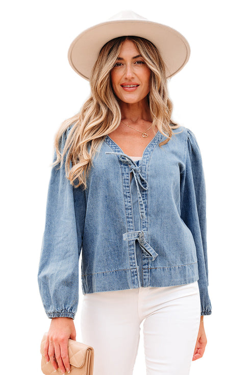 Southern Belle Tie Front Puff Sleeve Denim Blouse