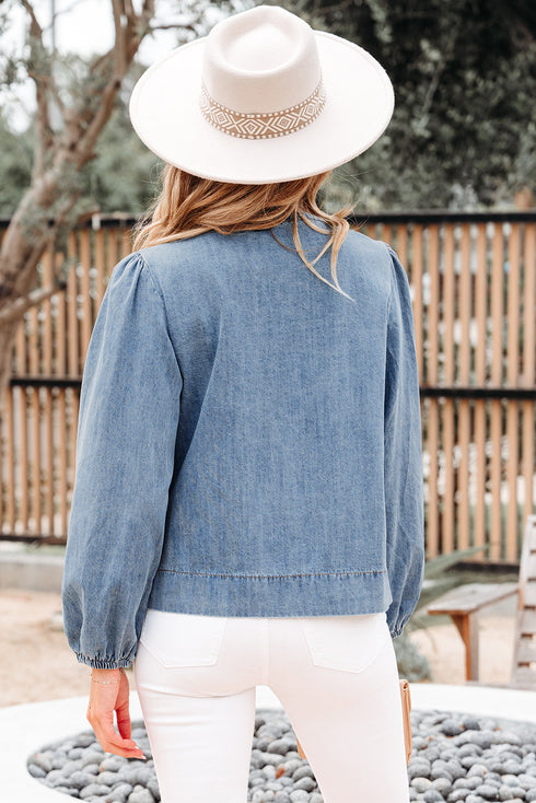 Southern Belle Tie Front Puff Sleeve Denim Blouse