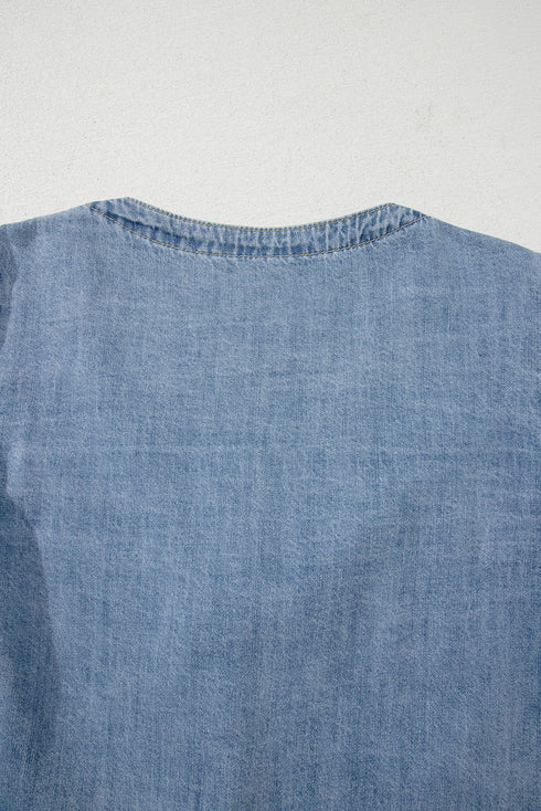 Southern Belle Tie Front Puff Sleeve Denim Blouse