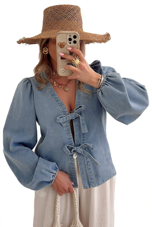Southern Belle Tie Front Puff Sleeve Denim Blouse