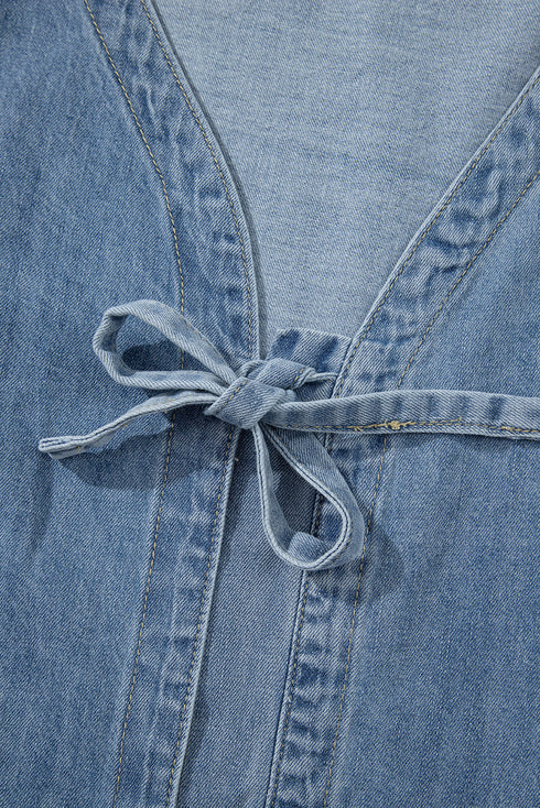 Southern Belle Tie Front Puff Sleeve Denim Blouse