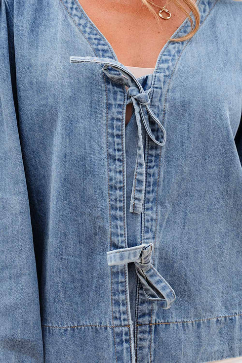 Southern Belle Tie Front Puff Sleeve Denim Blouse