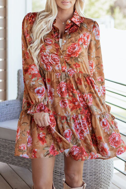 Southern Belle Vintage Print Long Sleeve Ruffle Mini Floral Dress