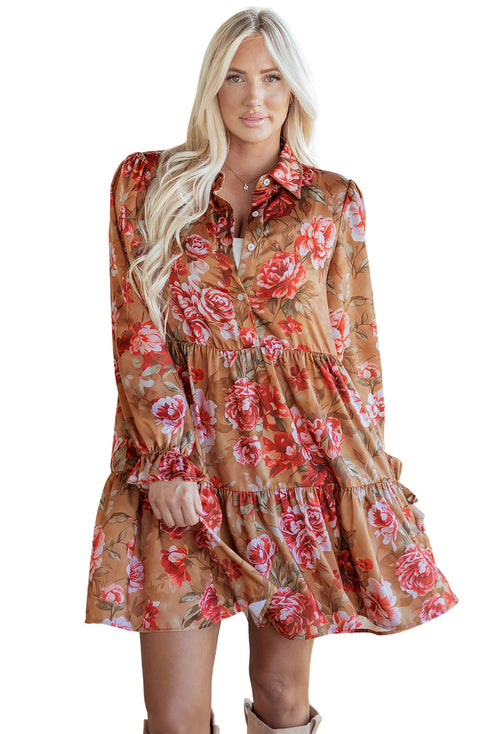 Southern Belle Vintage Print Long Sleeve Ruffle Mini Floral Dress