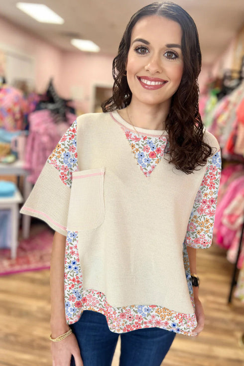 Southern Charm Floral Patchwork Waffle Knit Wide Sleeve Tee
