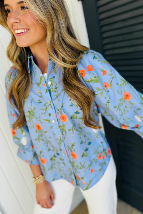 Southern Floral Print Bracelet Sleeve Button Down Casual Shirt