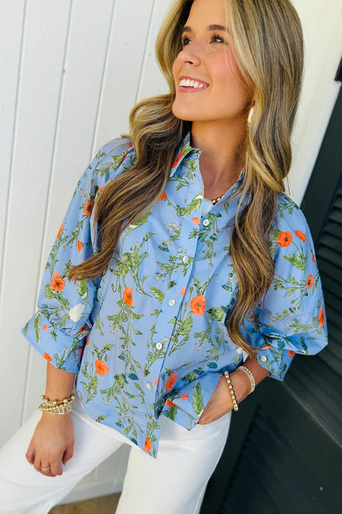 Southern Floral Print Bracelet Sleeve Button Down Casual Shirt