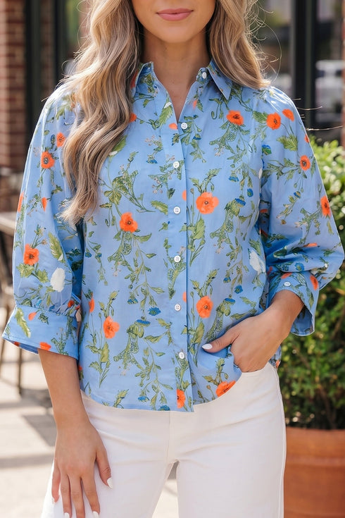 Southern Floral Print Bracelet Sleeve Button Down Casual Shirt