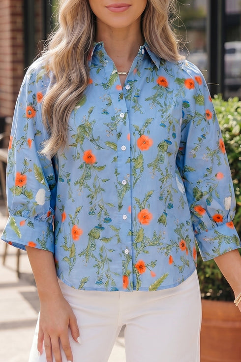 Southern Floral Print Bracelet Sleeve Button Down Casual Shirt
