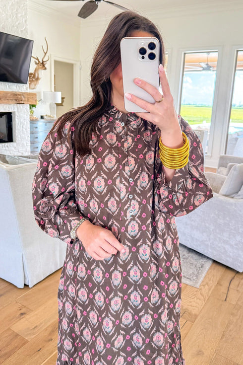 Southern Floral Print Button Front Ruffle Hem Midi Dress