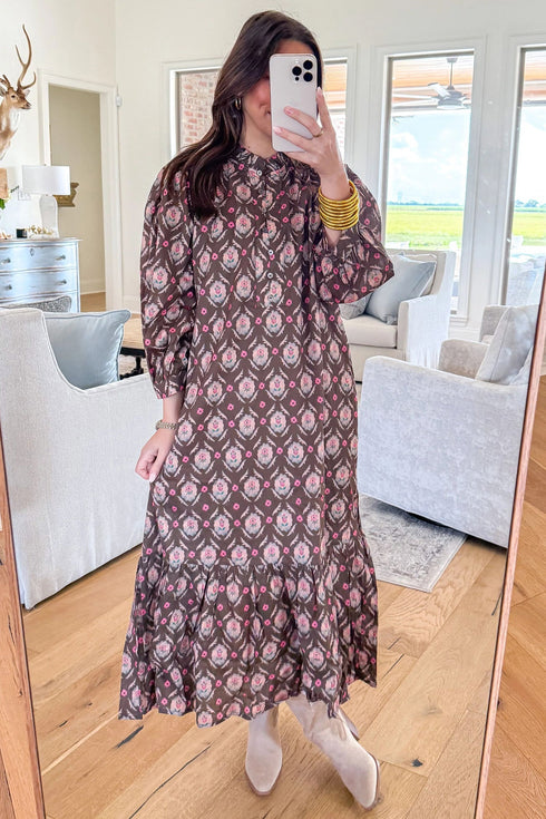 Southern Floral Print Button Front Ruffle Hem Midi Dress