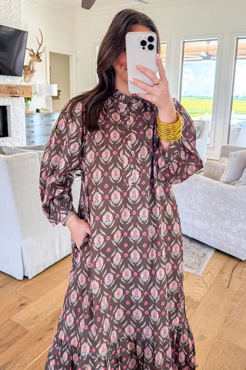 Southern Floral Print Button Front Ruffle Hem Midi Dress