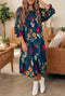 Southern Floral Print Gathered Neckline Seven Eighth Sleeve Midi Dress