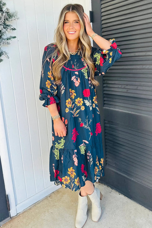 Southern Floral Print Gathered Neckline Seven Eighth Sleeve Midi Dress