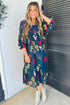 Southern Floral Print Gathered Neckline Seven Eighth Sleeve Midi Dress