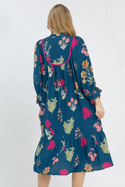 Southern Floral Print Gathered Neckline Seven Eighth Sleeve Midi Dress