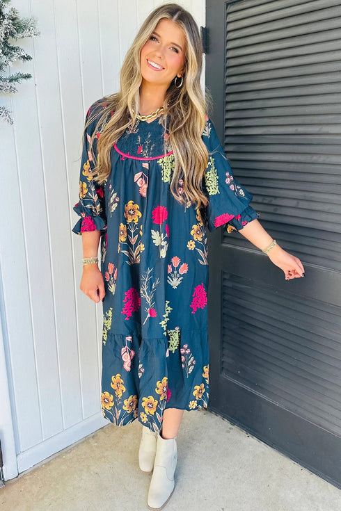 Southern Floral Print Gathered Neckline Seven Eighth Sleeve Midi Dress